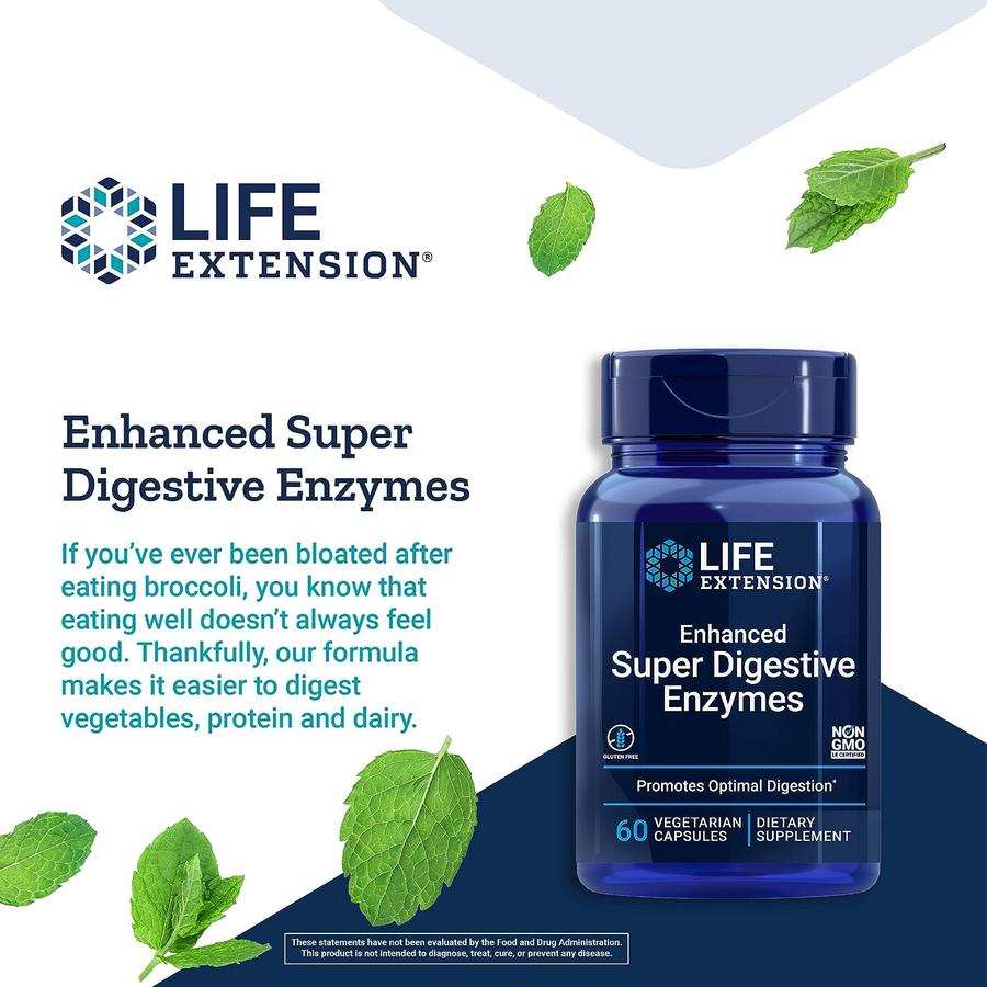 Life Extension Enhanced Super Digestive Enzymes - Digestive Health Support Supplement - Protease - Targets fat, protein, carb Digestion 60 Capsules