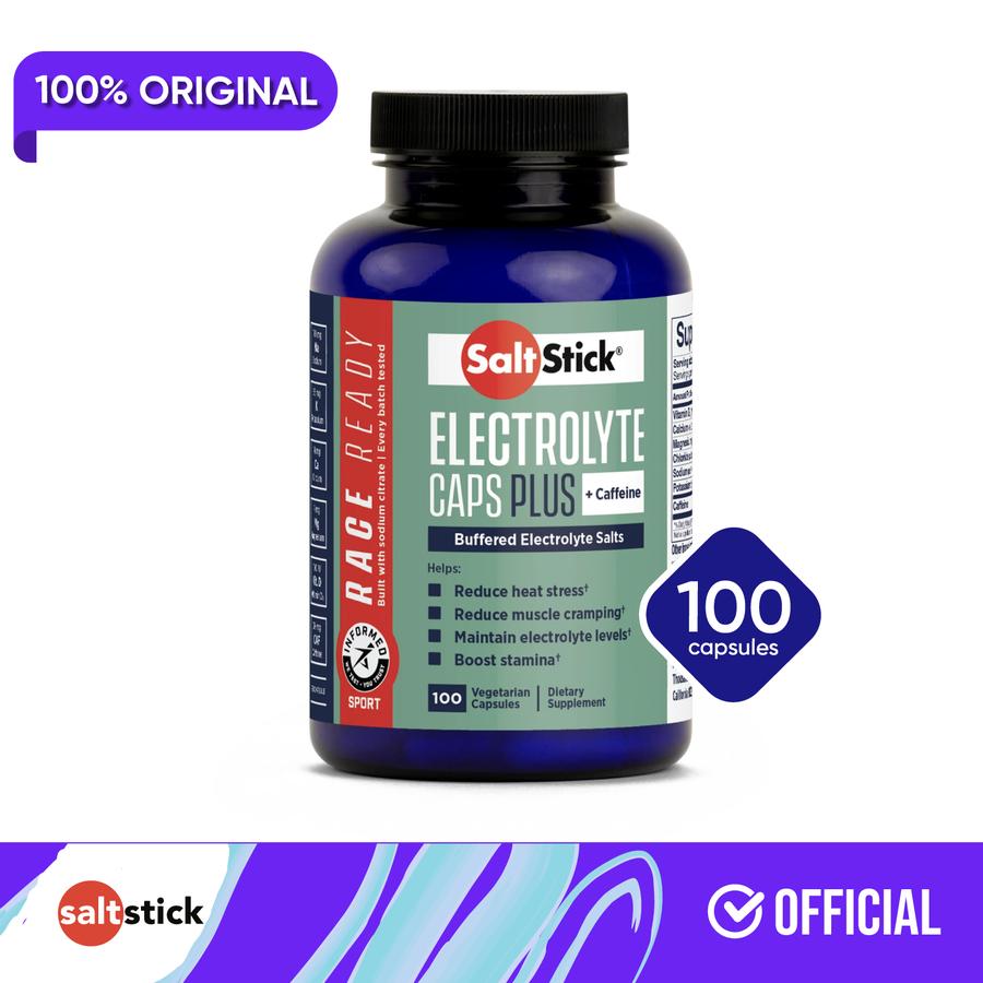 SaltStick Electrolytes with Caffeine - 100 caps| Berlari, Hidrasi, Pereda Kram Kaki, Pemulihan Olahraga, Mendaki Gunung