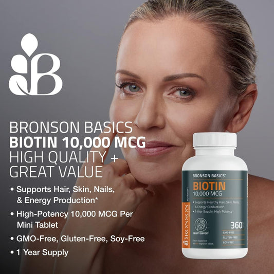 Bronson Biotin 10,000mcg, Supports Healthy Hair, Skin and Nails, Vegetarian, Non-GMO, 150 Tablets