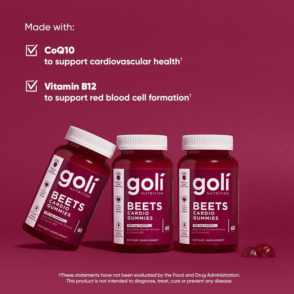 Goli Beets Cardio Gummy - 60 Count - 100mg CoQ10 & Beet Root Extract - Gluten-Free, Vegan, Non-GMO, and Gelatin-Free. Nature's Great Superfood.
