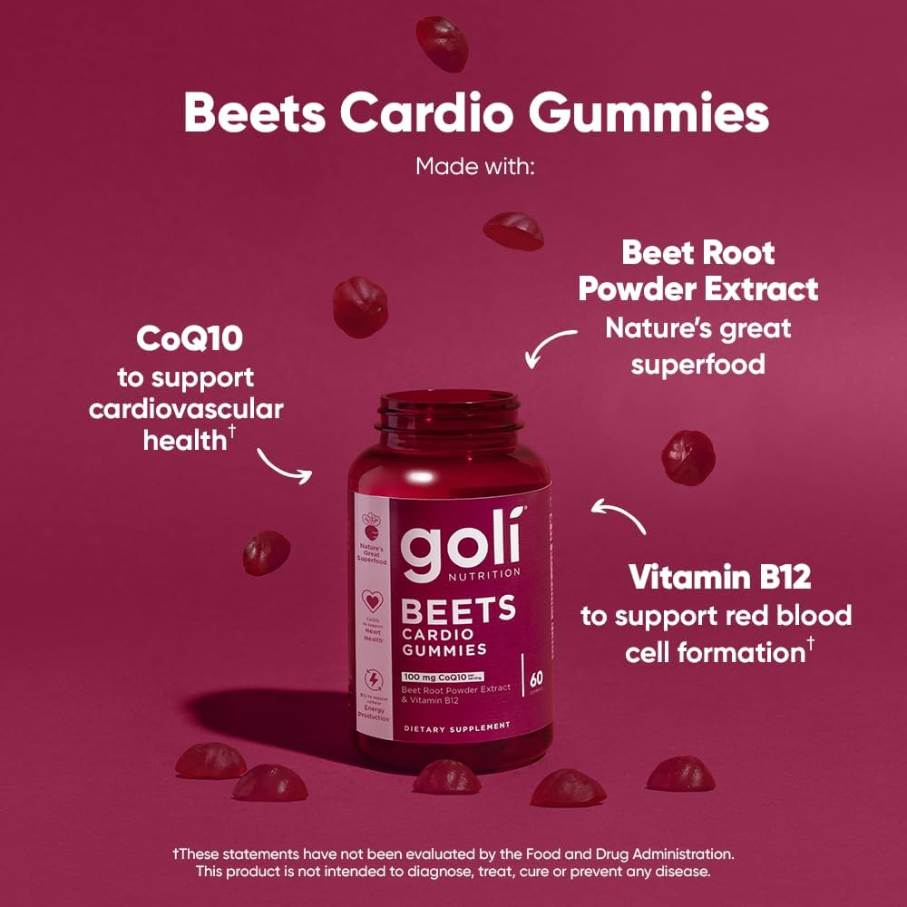Goli Beets Cardio Gummy - 60 Count - 100mg CoQ10 & Beet Root Extract - Gluten-Free, Vegan, Non-GMO, and Gelatin-Free. Nature's Great Superfood.