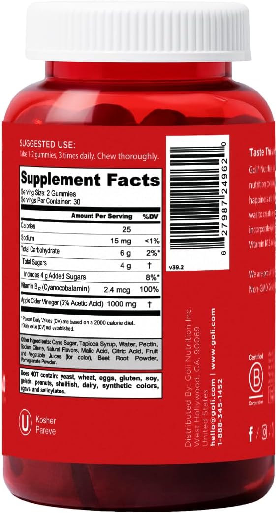 Goli Apple Cider Vinegar Gummy Vitamins - 60 Count - Vitamin B12, Gelatin-Free, Gluten-Free, Vegan & Non-GMO | Goli apple cider vinegar gummies