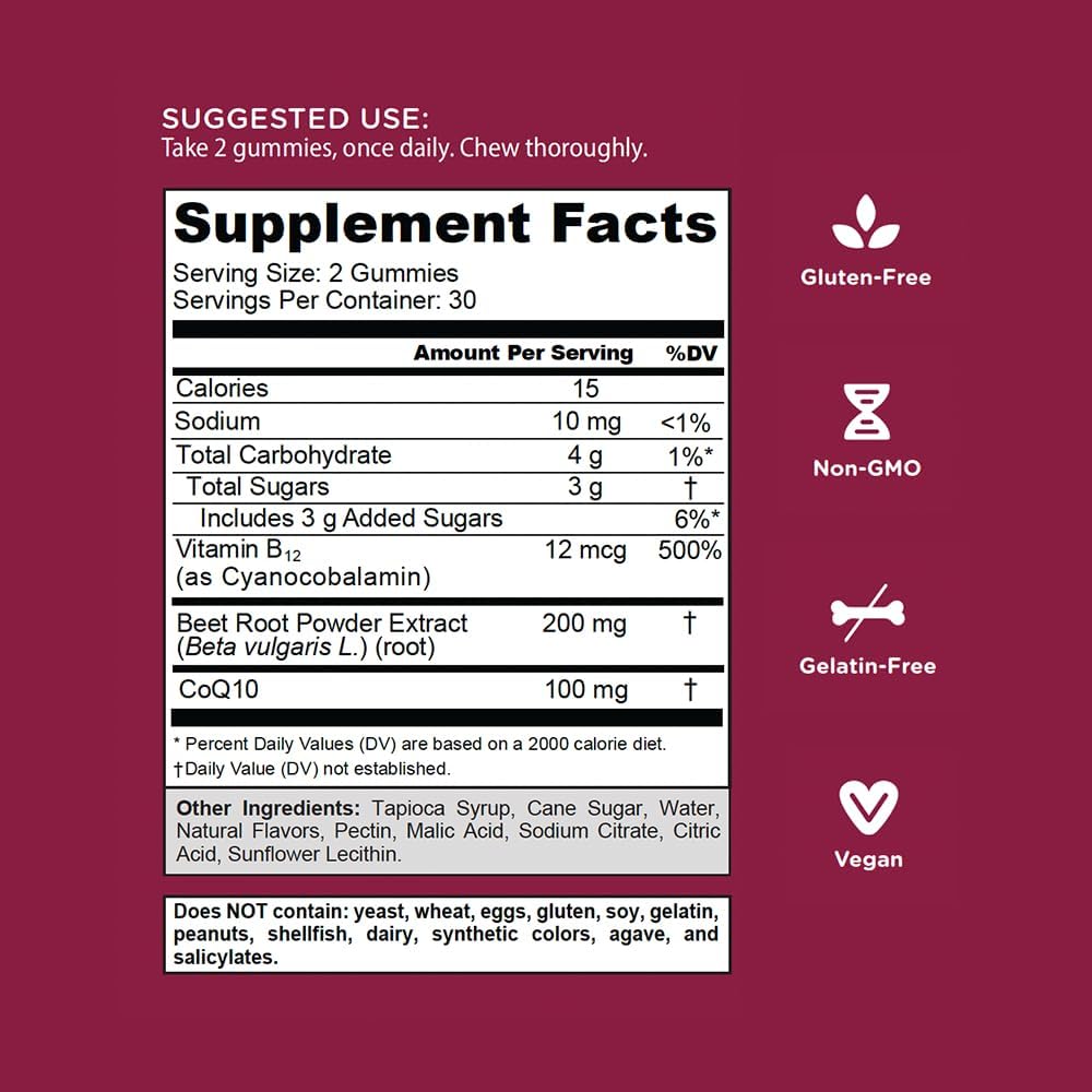 Goli Beets Cardio Gummy - 60 Count - 100mg CoQ10 & Beet Root Extract - Gluten-Free, Vegan, Non-GMO, and Gelatin-Free. Nature's Great Superfood.