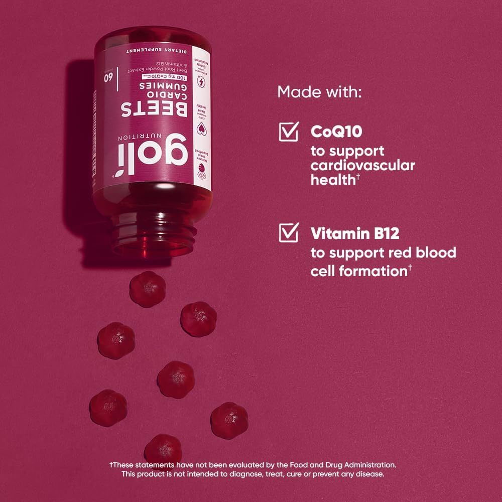 Goli Beets Cardio Gummy - 60 Count - 100mg CoQ10 & Beet Root Extract - Gluten-Free, Vegan, Non-GMO, and Gelatin-Free. Nature's Great Superfood.