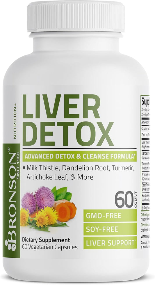 Bronson Liver Detox Advanced Detox & Cleansing Formula Supports Health Liver Function with Milk Thistle, Dandelion Root, Turmeric, Artichoke Leaf & More, Non-GMO, 60 Vegetarian Capsules