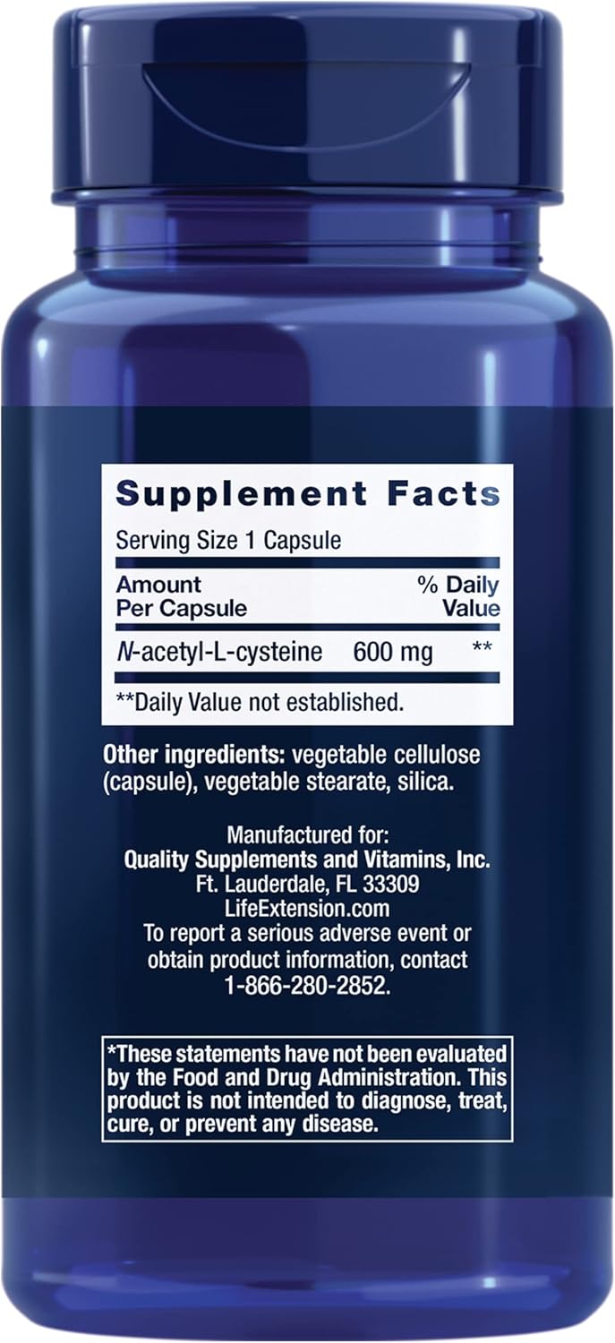 Life Extension N-Acetyl-L-Cysteine (NAC), Immune Response, Respiratory Health, Liver Health, NAC 600 mg, antioxidant Defense, Free radicals, Easy to Absorb, 60 Capsules
