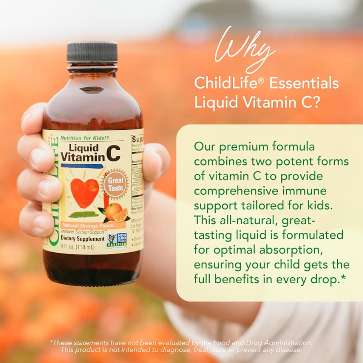Childlife Vitamin C - Vitamin C Liquid for Kids, Toddlers, & Babies, Pure Vitamin C Supplement, Immune System Support, Natural Orange Flavor, 118ml