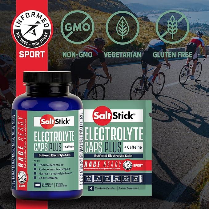 SaltStick Electrolytes with Caffeine - 100 caps| Berlari, Hidrasi, Pereda Kram Kaki, Pemulihan Olahraga, Mendaki Gunung