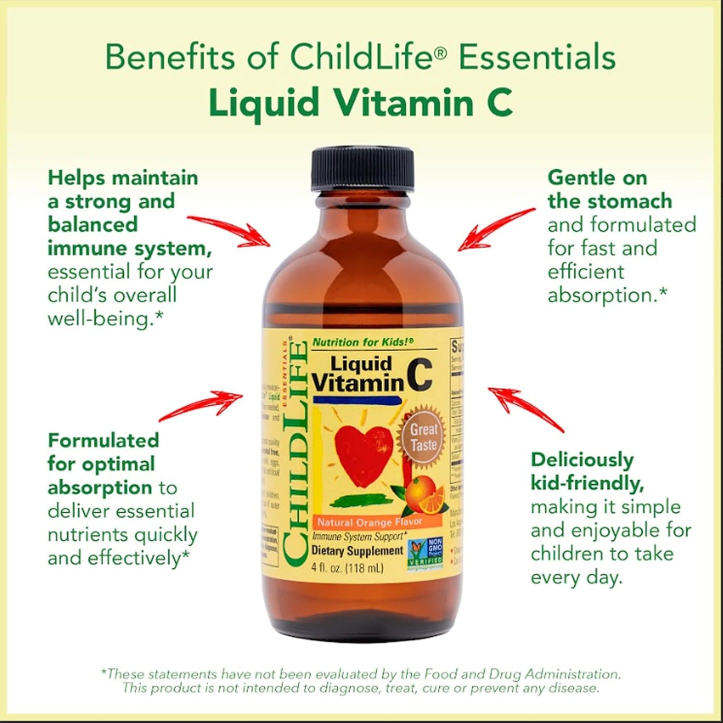 Childlife Vitamin C - Vitamin C Liquid for Kids, Toddlers, & Babies, Pure Vitamin C Supplement, Immune System Support, Natural Orange Flavor, 118ml