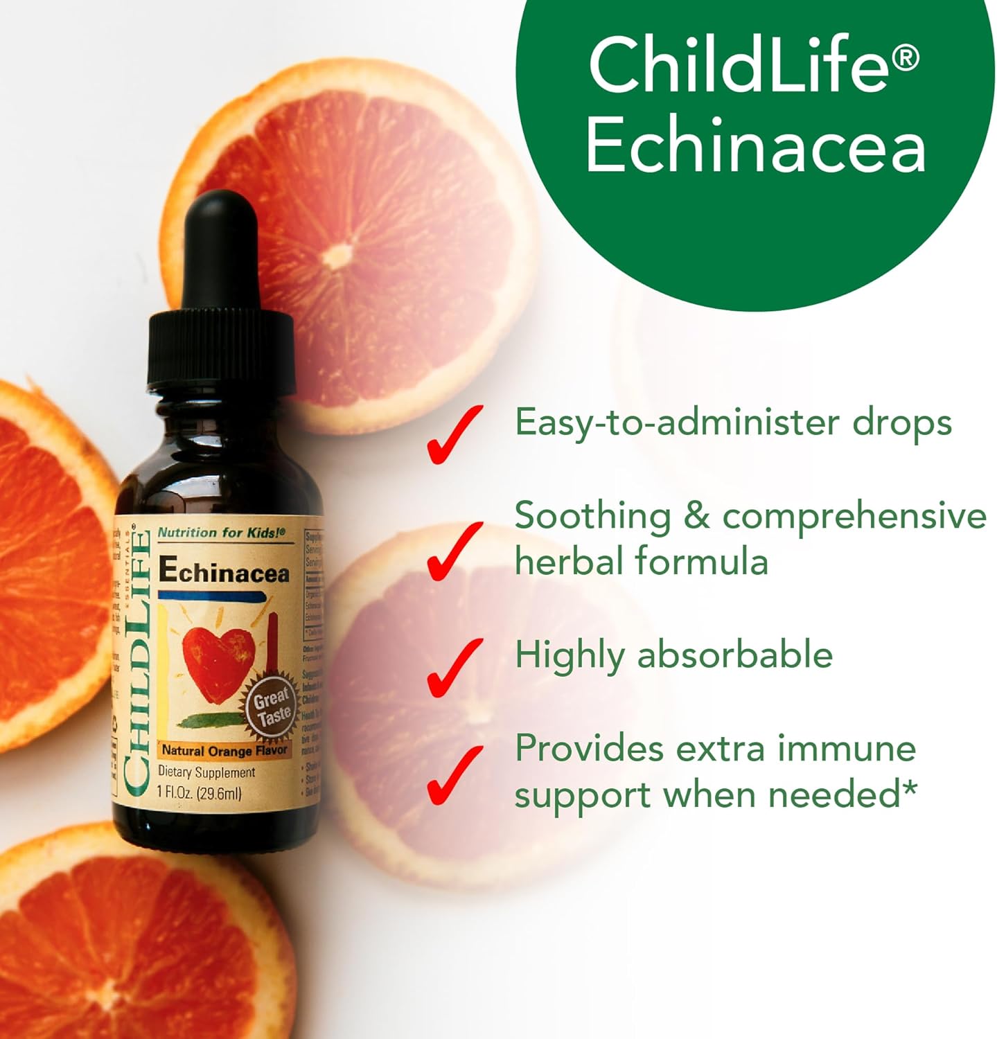 Childlife Echinacea for Kids - Immune Booster for Kids, All-Natural, Gluten-Free, Allergen-Free, Kids Echinacea Drops - Natural Orange Flavor, 1-Ounce Bottle (1 Fl Oz ) 30ml