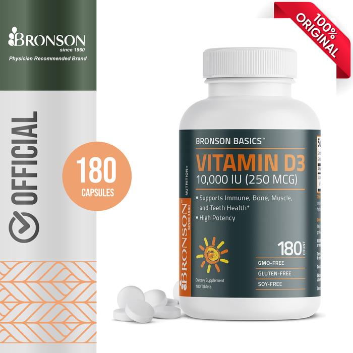 Bronson Vitamin D3 10,000 IU (250 MCG) for Healthy Muscle Function and Immune Support, Non-GMO, 180 Tablets