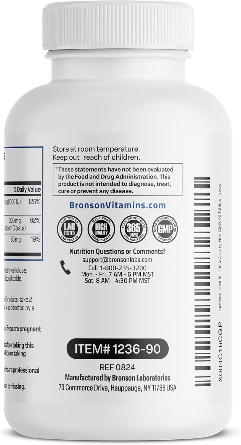 Bronson Calcium 1200 MG Per Serving Sustained Release with Vitamin D3 1000 IU Vitamin D3 Per Serving Non-GMO, 90 Tablets