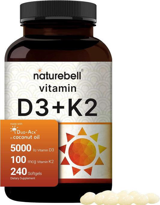 NatureBell Vitamin D3 K2 5000 IU 240 softgels | MK7 with Virgin Coconut Oil 100mcg, 2 in 1 Support, Duo-Ack | 8 Months Supply | Third Party Tested, Non GMO & No Gluten