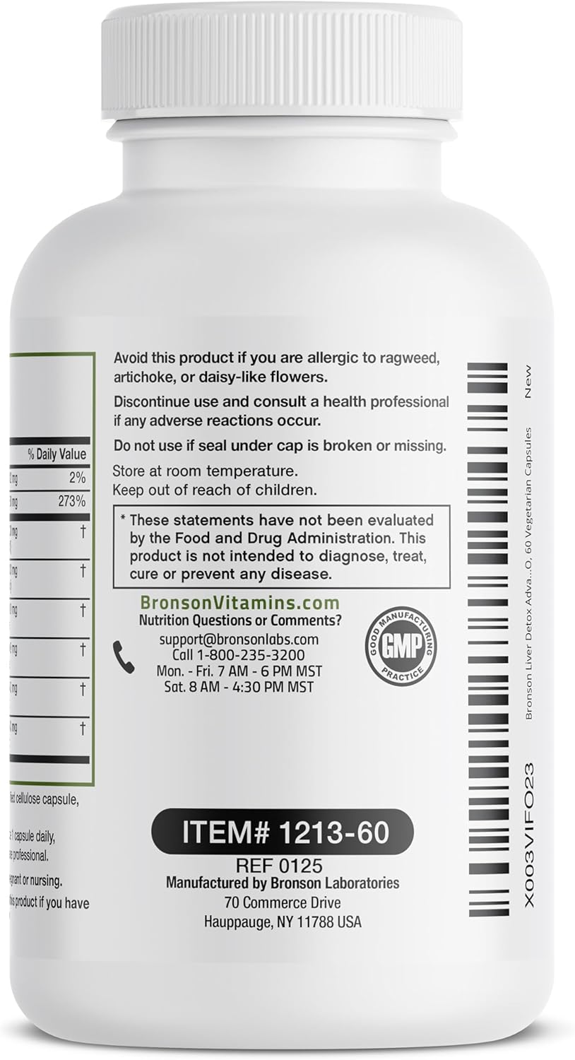 Bronson Liver Detox Advanced Detox & Cleansing Formula Supports Health Liver Function with Milk Thistle, Dandelion Root, Turmeric, Artichoke Leaf & More, Non-GMO, 60 Vegetarian Capsules