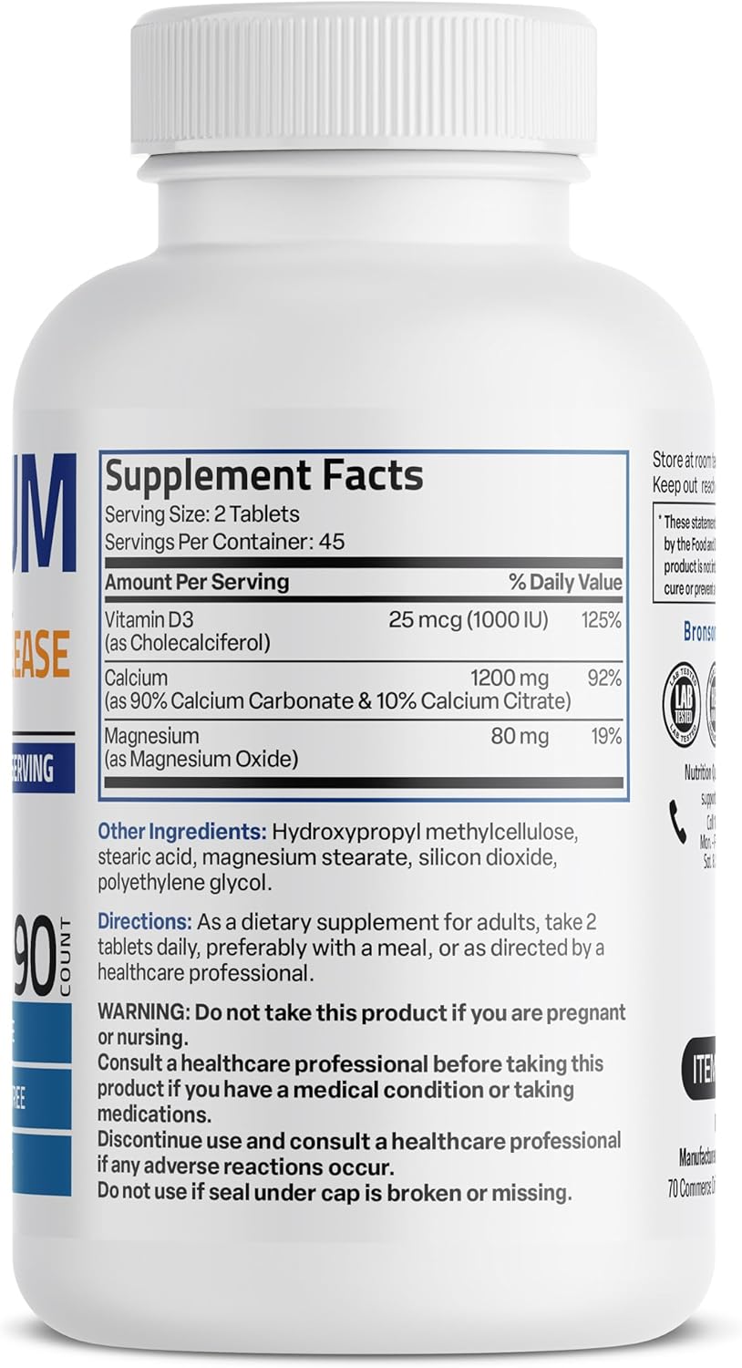 Bronson Calcium 1200 MG Per Serving Sustained Release with Vitamin D3 1000 IU Vitamin D3 Per Serving Non-GMO, 90 Tablets