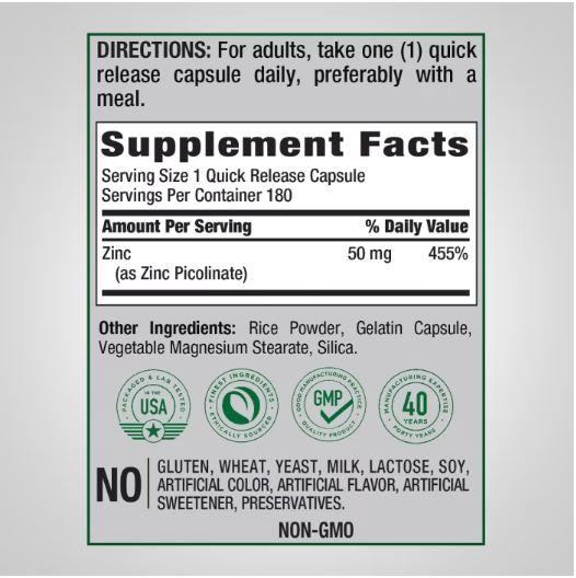 Zinc Picolinate 50 mg, Pipingrock Zinc Picolinate 180 capsule
