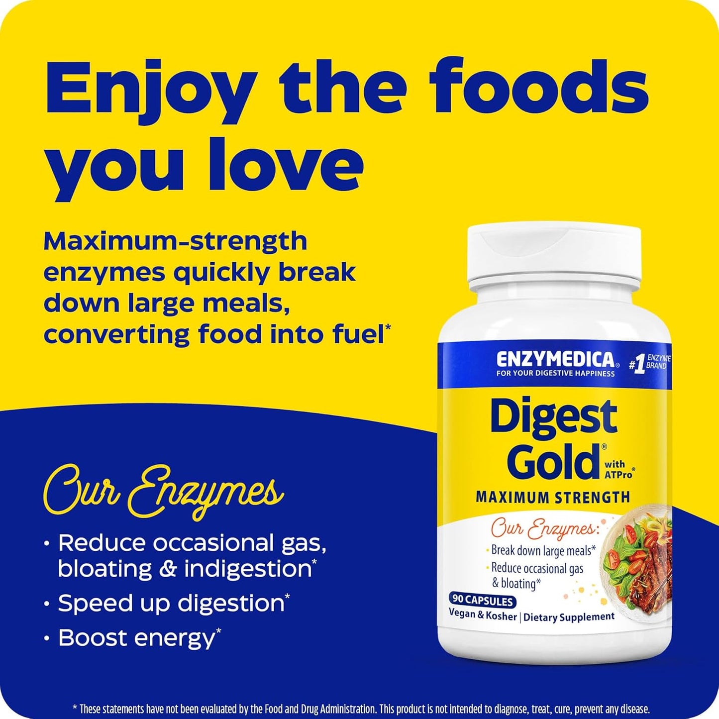 Enzymedica Digest Gold Enzymes| #1 digestive enzymes | Maximum Strength, Fast-Acting, Membantu Mencerna Makanan Besar, Mencegah Kembung dan Gas, 90 Capsules