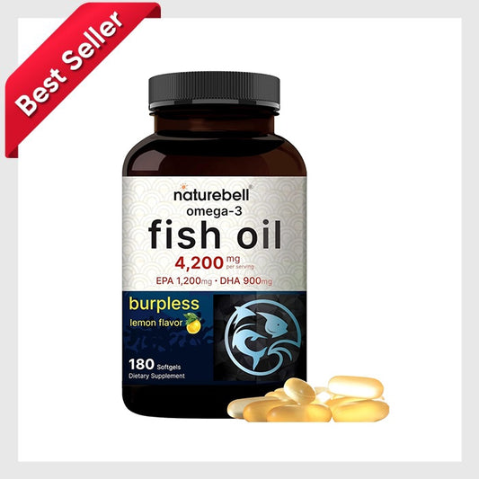 Naturebell Omega 3 Fish Oil 4200mg, 180 Burpless Softgels, Highly Purified EPA 1,200mg & DHA 900mg | Lemon Flavored | Premium Wild Caught Fish from Deep Sea – Heart & Brain Support – Mercury Free & Non-GMO | 100% original