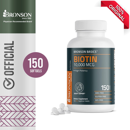 Bronson Biotin 10,000mcg, Supports Healthy Hair, Skin and Nails, Vegetarian, Non-GMO, 150 Tablets