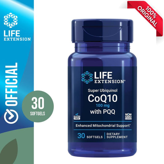 Life Extension Super Ubiquinol CoQ10 dengan PQQ, CoQ10, PQQ, shilajit, kesehatan jantung, dukungan energi seluler, penyerapan 8x lebih baik, bebas gluten, 100 mg, 30 kapsul gel lunak