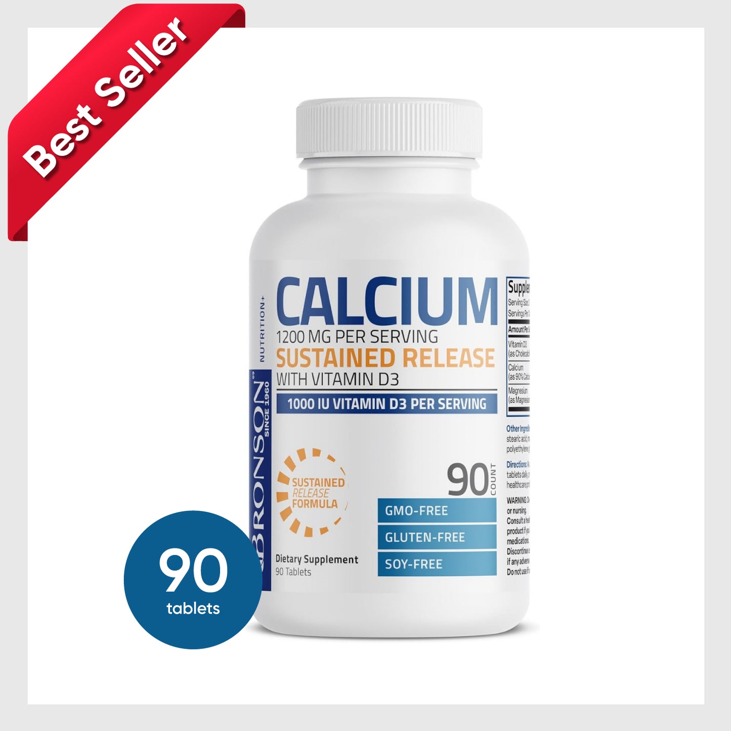 Bronson Calcium 1200 MG Per Serving Sustained Release with Vitamin D3 1000 IU Vitamin D3 Per Serving Non-GMO, 90 Tablets