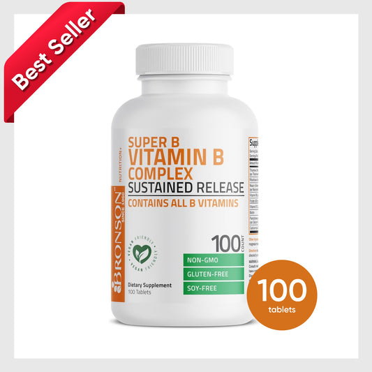 Bronson Super B Vitamin B Complex Sustained Slow Release (Vitamin B1, B2, B3, B6, B9 - Folic Acid, B12) Contains All B Vitamins 100 Tablets